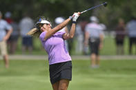 Gerina Piller watches her approach shot on the 18th hole during the third round of the Marathon LPGA Classic golf tournament at Highland Meadows Golf Club in Sylvania, Ohio, Saturday, July 10, 2021, in Sylvania, Ohio. (AP Photo/David Dermer)