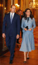 <p>The Duchess made her first public appearance after announcing that she was pregnant with her third child at Buckingham Palace on October 10. She opted for a blue lace dress by Temperley London known as the ‘Eclipse’ gown. <em>[Photo: Getty]</em> </p>