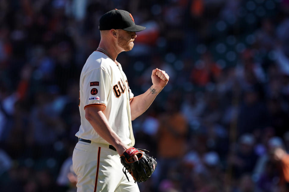 Sep 15, 2019; San Francisco, CA, USA; San Francisco Giants relief pitcher Will Smith (13) reacts after the final out of the game against the Miami Marlins at Oracle Park. Mandatory Credit: Darren Yamashita-USA TODAY Sports
