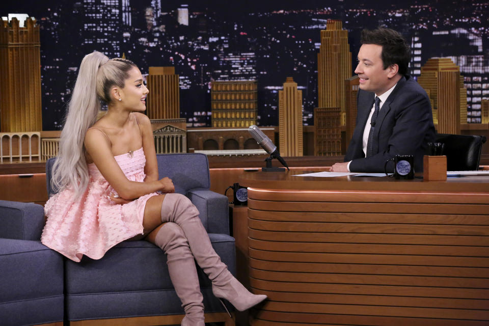 Ariana Grande appeared on Jimmy Fallon in her first TV interview since the Manchester Attack on May 22, 2017. Source: Getty