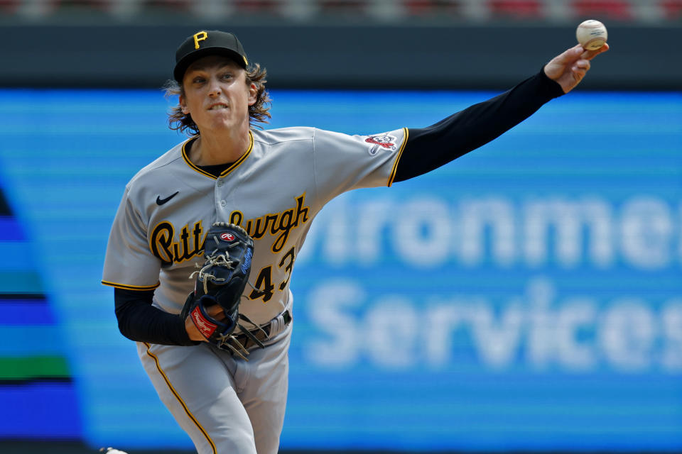 Pittsburgh Pirates relief pitcher Ryan Borucki throws to the Minnesota Twins in the first inning of a baseball game Sunday, Aug. 20, 2023, in Minneapolis. (AP Photo/Bruce Kluckhohn)