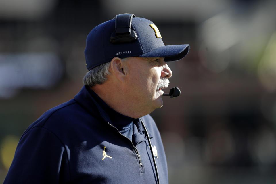 Michigan defensive coordinator Don Brown looks on during the second half of an NCAA college football game against Maryland, Saturday, Nov. 2, 2019, in College Park, Md. Michigan won 38-7. (AP Photo/Julio Cortez)