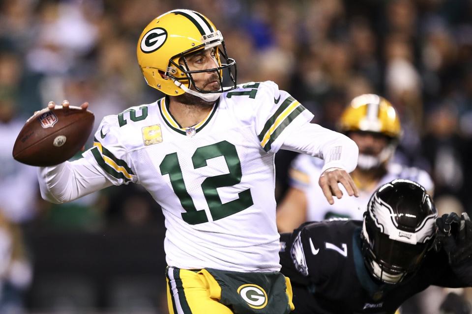 Aaron Rodgers #12 of the Green Bay Packers throws a pass during the first quarter of an NFL football game against the Philadelphia Eagles at Lincoln Financial Field on November 27, 2022 in Philadelphia, Pennsylvania. (Photo by Kevin Sabitus/Getty Images)