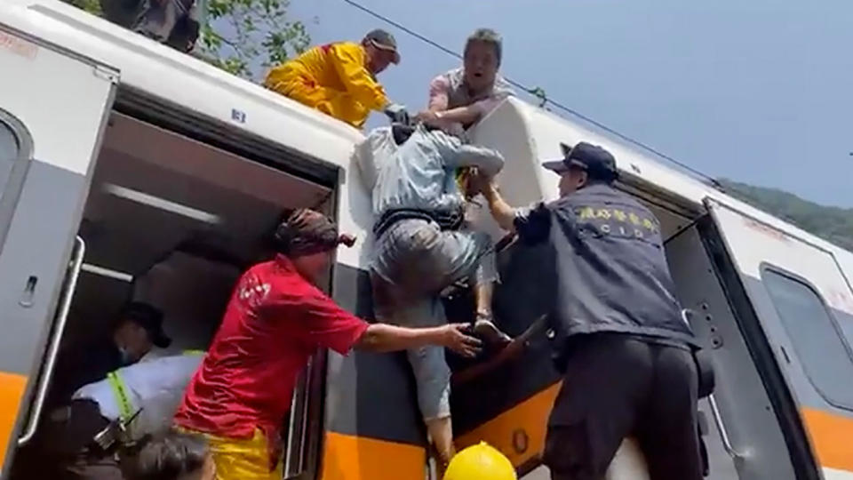 The train partially derailed along Taiwan’s east coast Friday, killing at least 36 people. Source: AP