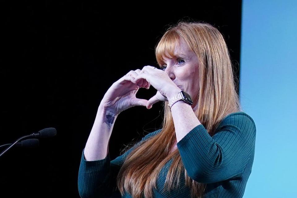 Angela Rayner makes a heart shape with her hands following a speech at the TUC conference in Liverpool (Image: PA)