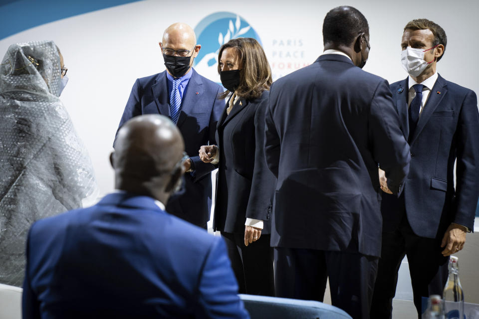 From left, Bangladeshi Prime Minister Sheikh Hasina, Former European Trade Commissioner Pascal Lamy and Vice President Kamala Harris speak during a Paris Peace Forum, Thursday, Nov. 11, 2021 in Paris. French President Emmanuel Macron is right. (Sarahbeth Maney/The New York Times via AP, Pool)