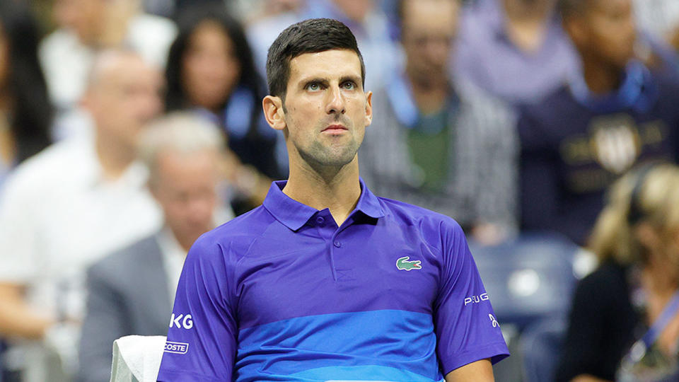 Novak Djokovic looks on in frustration after losing the first set of his US Open semi-final. Pic: Getty