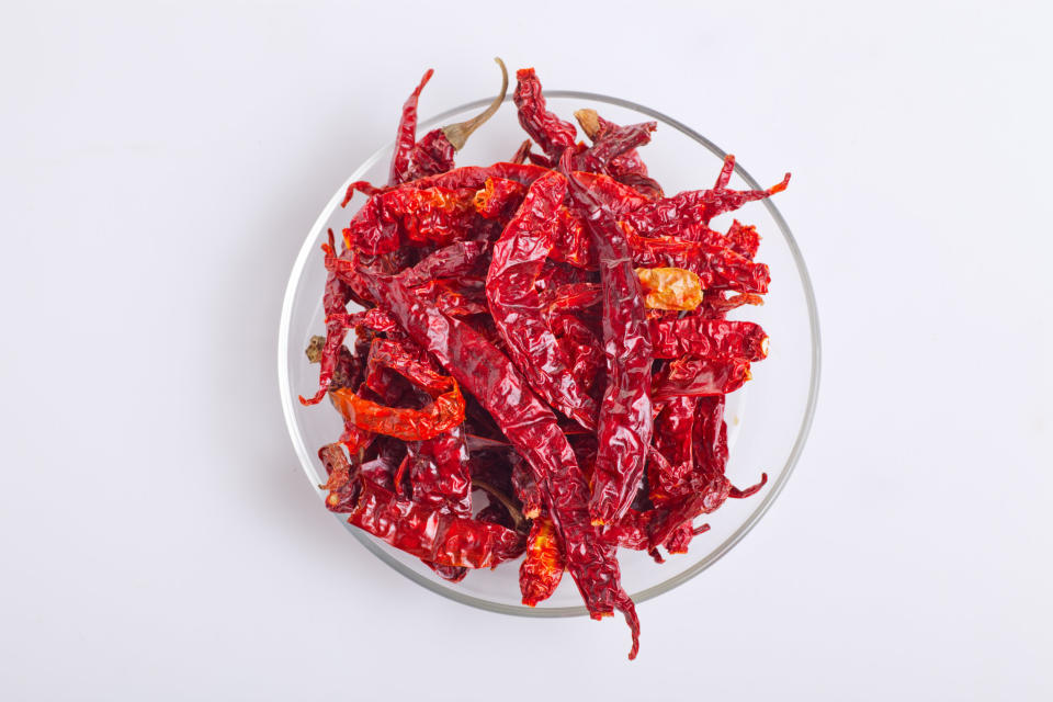 Dried chiles in a bowl.