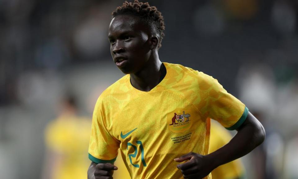 Australia v Ecuador: Socceroos “Welcome Home Series”SYDNEY, AUSTRALIA - MARCH 24: Garang Kuol of the Socceroos celebrates scoring a goal during the International Friendly match between the Australia Socceroos and Ecuador at CommBank Stadium on March 24, 2023 in Sydney, Australia. (Photo by Mark Kolbe/Getty Images)