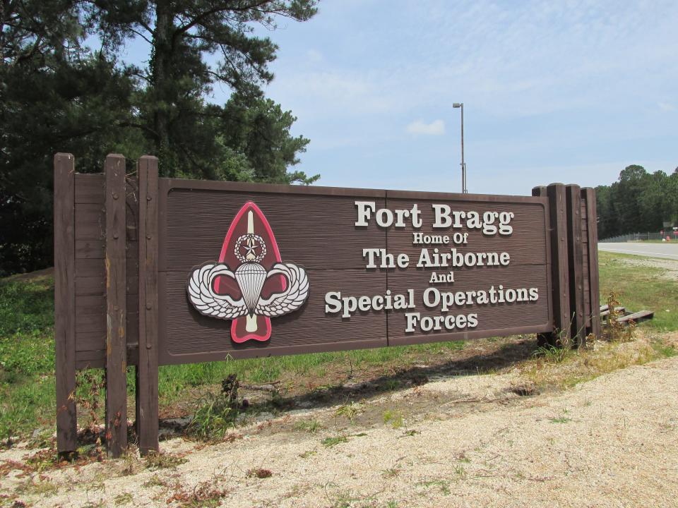 The Fort Bragg sign near Stryker Golf Course on Bragg Boulevard was one of the few remaining signs around the installation as of Wednesday, May 24, 2023.