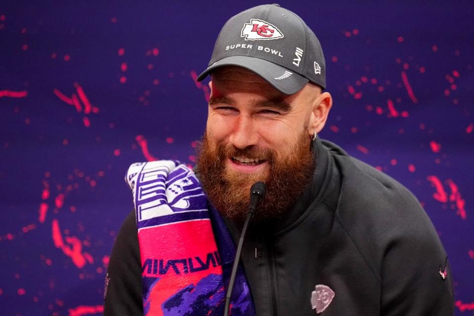 LAS VEGAS, NEVADA - FEBRUARY 05: Travis Kelce of the Kansas City Chiefs speaks to the media during Super Bowl LVIII Opening Night at Allegiant Stadium on February 05, 2024 in Las Vegas, Nevada. (Photo by Chris Unger/Getty Images)