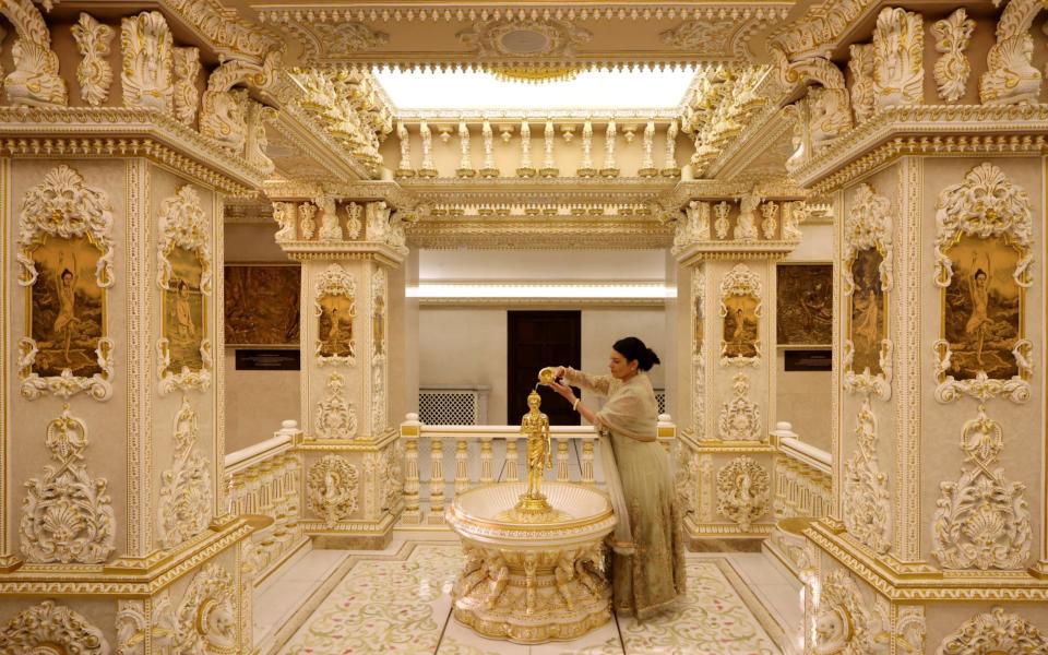 Priti Patel visits the BAPS Shri Swaminarayan Mandir Temple to attend the Festival of Inspiration in Neasden yesterday - Simon Dawson/No 10 Downing Street 