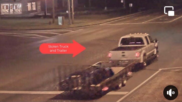 This screenshot from a security camera shows a truck and trailer stolen May 22 heading south of Alabama Highway 77. Southside police are examining any security camera footage they can find that might have recorded the stolen vehicle and a vehicle interest in the case.