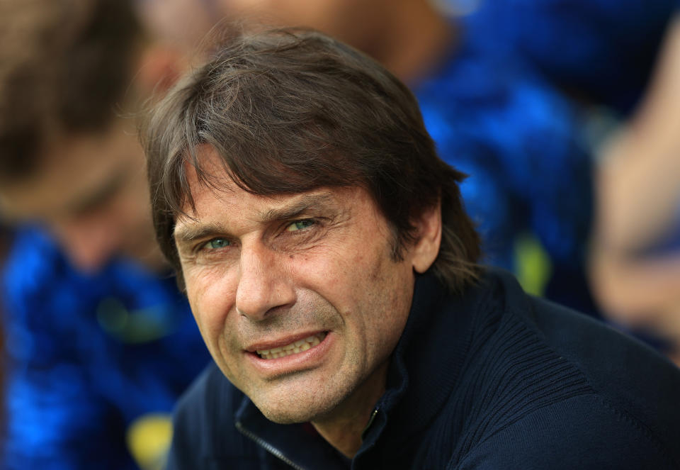 NORWICH, ENGLAND - MAY 22:   Antonio Conte, the Tottenham Hotspur manager looks on during the Premier League match between Norwich City and Tottenham Hotspur at Carrow Road on May 22, 2022 in Norwich, England. (Photo by David Rogers/Getty Images)