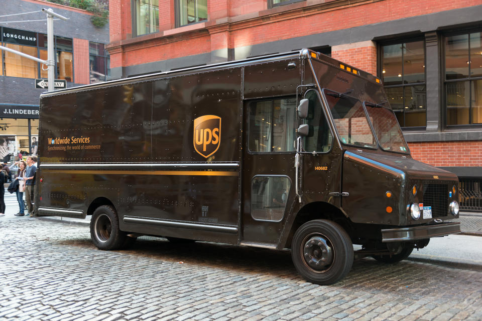 New York, USA - October 4, 2016: A UPS box truck parked on Spring street in SoHo Lower Manhattan late in the day.