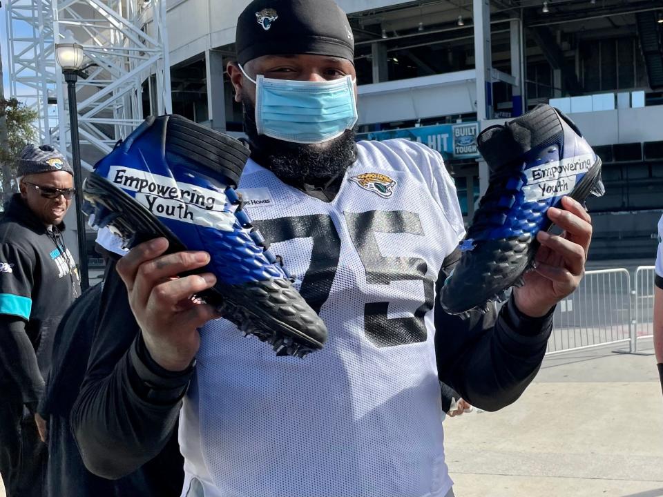 The cleats worn by Jawaan Taylor on Sunday against the Rams will highlight his support of youth services.