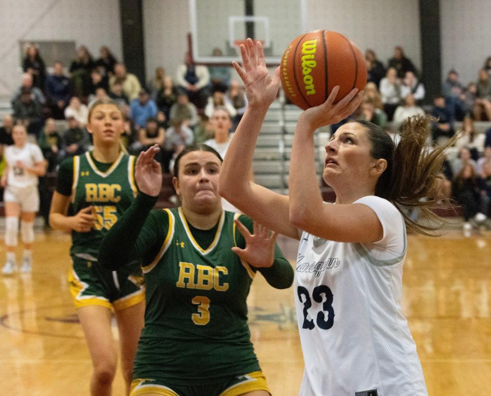 Squan Shea Donnelly shoots late in first half. Red Bank Catholic vs Manasquan in SCT Girls Basketball Semifinal on February 15, 2024 in Red Bank. NJ.