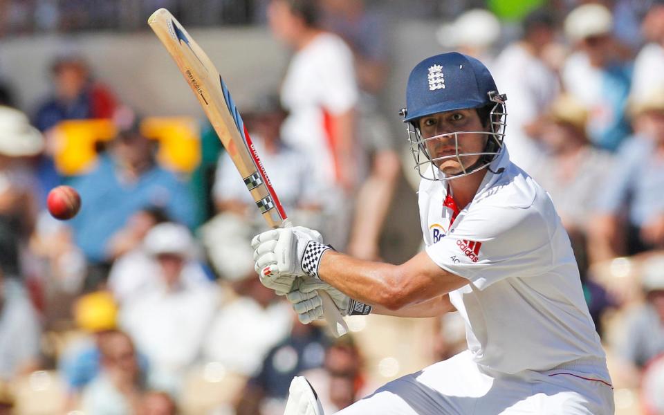 England's Alastair Cook plays a shot on day two of the second Ashes cricket test against Australia in Adelaide, Australia, Saturday, Dec. 4, 2010. At stumps England are 317 after Australia's first innings of 245 runs