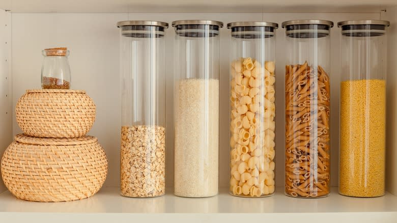 glass jars on pantry shelf