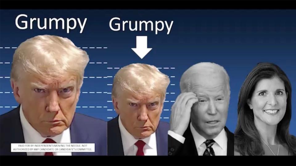 The electronic billboard, running every 8 minutes, shows Trump with a stern look on his face and calls him “grumpy.” Independents Moving the Needle