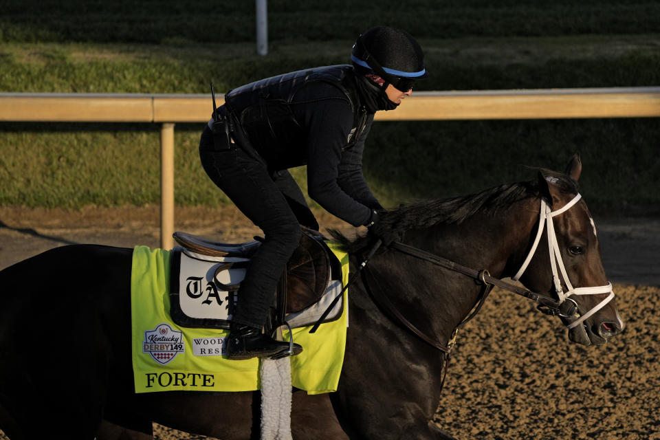 Kentucky Derby hopeful Forte works out at Churchill Downs Wednesday, May 3, 2023, in Louisville, Ky. The 149th running of the Kentucky Derby is scheduled for Saturday, May 6. (AP Photo/Charlie Riedel)