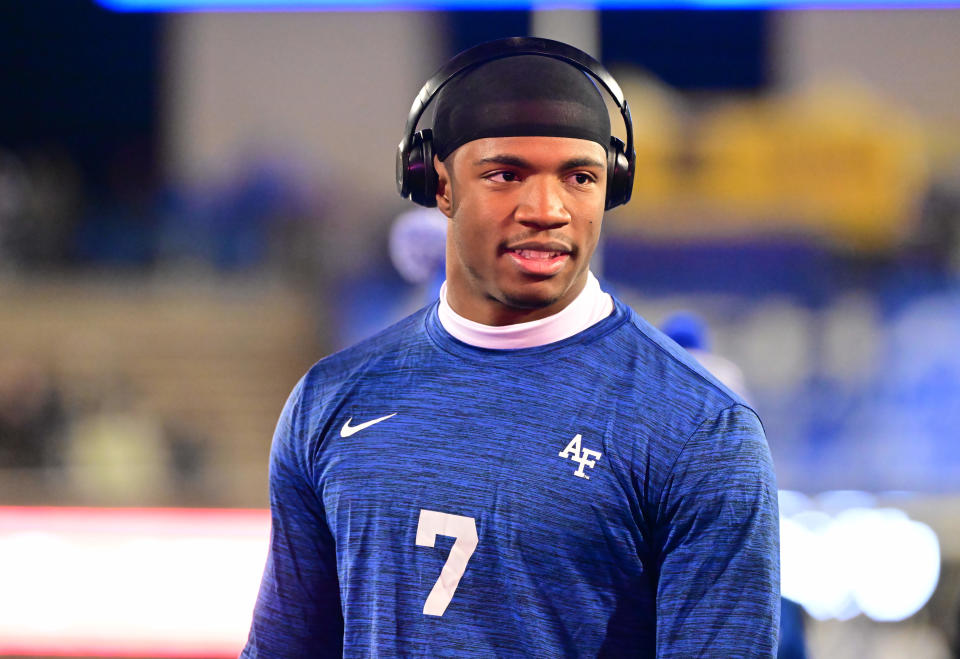 Nov 19, 2022; Colorado Springs, Colorado, USA; Air Force Falcons safety Trey Taylor (7) looks on before a game against the Colorado State Rams at Falcon Stadium. Mandatory Credit: Ron Chenoy-USA TODAY Sports