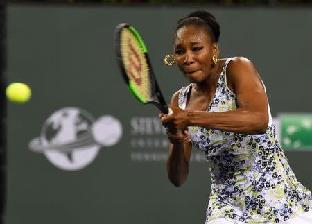 Mar 12, 2018; Indian Wells, CA, USA; Venus Williams (USA) during her third round match against Serena Williams (not pictured) in the BNP Paribas Open at the Indian Wells Tennis Garden. Venus Williams won the match. Mandatory Credit: Jayne Kamin-Oncea-USA TODAY Sports