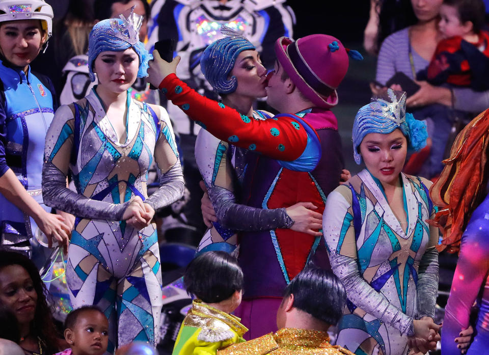 <p>Two performers kiss at the end of the final show of the Ringling Bros. and Barnum & Bailey Circus, Sunday, May 21, 2017, in Uniondale, N.Y. (AP Photo/Julie Jacobson) </p>