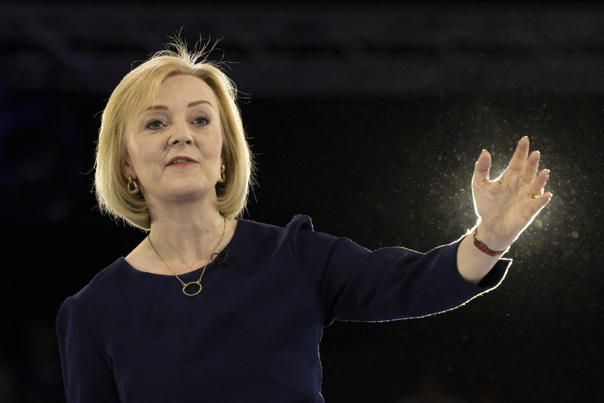 LONDON, ENGLAND - AUGUST 31: Foreign Secretary and Conservative leadership hopeful Liz Truss speaks during the final Tory leadership hustings at Wembley Arena on August 31, 2022 in London, England. Foreign Secretary, Liz Truss and former Chancellor Rishi Sunak are vying to become the new leader of the Conservative Party and the UK's next Prime Minister. The winner of the contest will be announced on Monday. (Photo by Dan Kitwood/Getty Images)