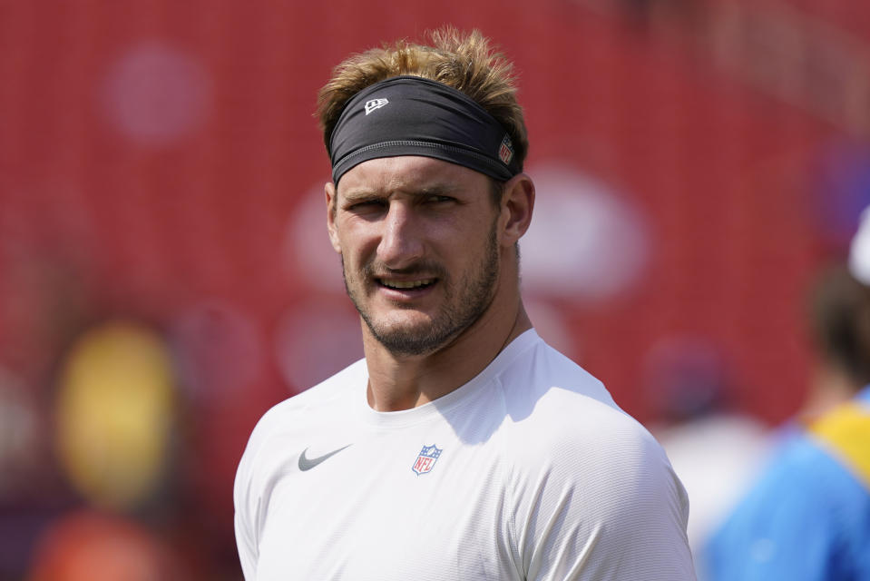 Los Angeles Chargers defensive end Joey Bosa (97) during pregame warmups prior to the start of the first half of an NFL football game against the Washington Football Team, Sunday, Sept. 12, 2021, in Landover, Md. (AP Photo/Alex Brandon)