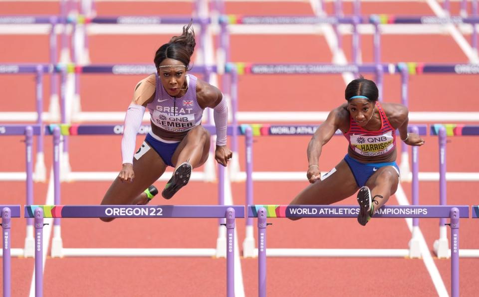 Great Britain’s Cindy Sember (left) with USA’s Kendra Harrison (right) in their heat. (Martin Rickett/PA) (PA Wire)