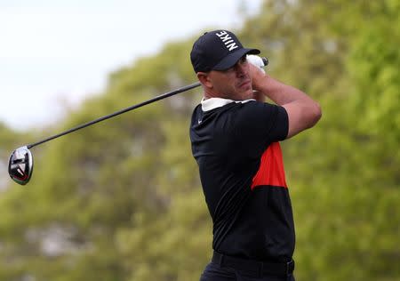 May 16, 2019; Bethpage, NY, USA; Brooks Koepka plays his shot from the tenth tee during the first round of the PGA Championship golf tournament at Bethpage State Park - Black Course. Mandatory Credit: Peter Casey-USA TODAY Sports