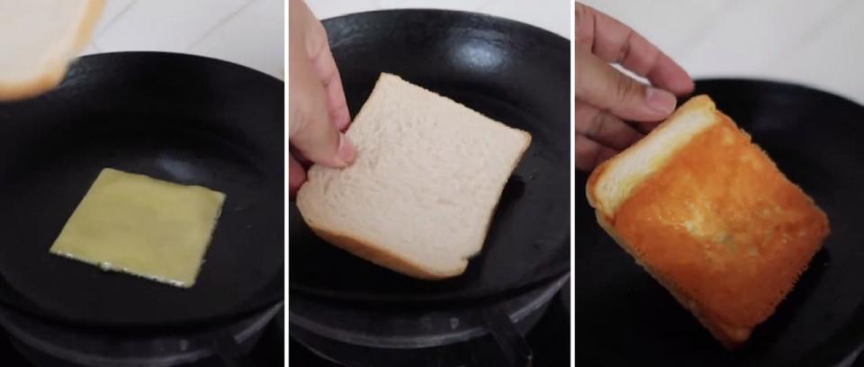 Adam Liaw cooks cheese and bread in a pan