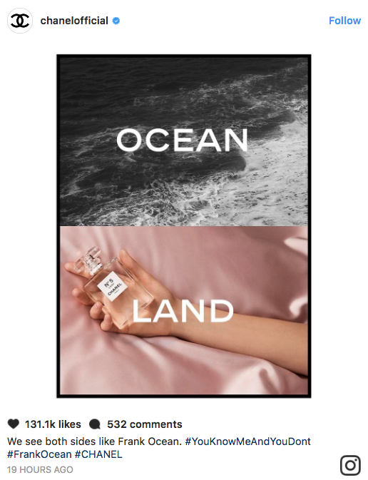 Following Ocean’s new song “Chanel,” the brand posts, “We see both sides like Frank Ocean”