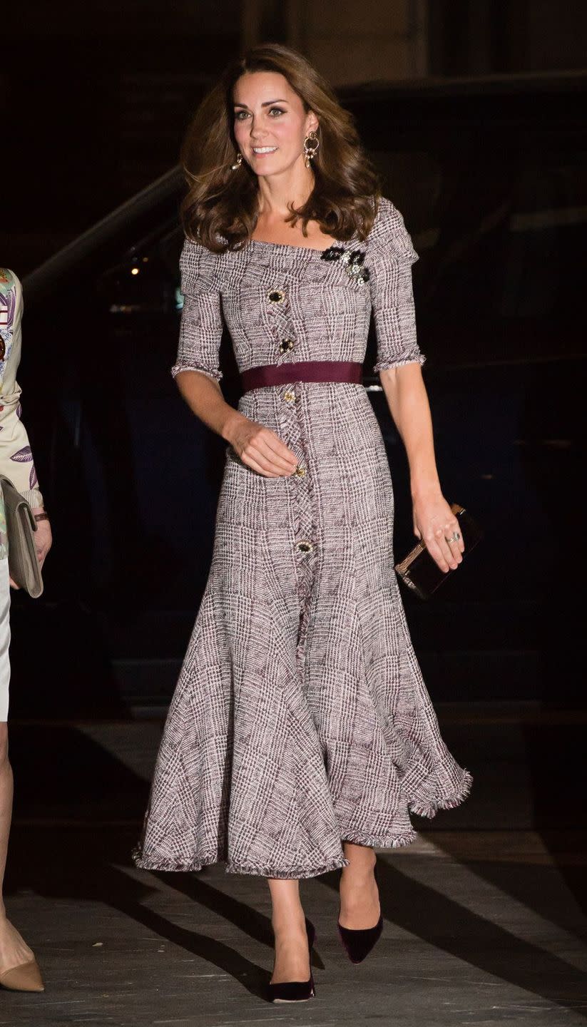 <p>Kate Middleton arrived to the Victoria & Albert Museum wearing a tweed <a href="https://go.redirectingat.com/?id=74968X1525079&xs=1&url=https%3A%2F%2Fwww.net-a-porter.com%2Fus%2Fen%2FShop%2FDesigners%2FErdem%2FClothing%3Fpn%3D1%26npp%3D60%26image_view%3Dproduct%26dScroll%3D0&sref=https%3A%2F%2Fwww.harpersbazaar.com%2Fcelebrity%2Flatest%2Fa23697655%2Fkate-middleton-erdem-dress-va-museum%2F" rel="nofollow noopener" target="_blank" data-ylk="slk:Erdem;elm:context_link;itc:0;sec:content-canvas" class="link ">Erdem</a> dress, paired with <a href="https://go.redirectingat.com/?id=74968X1525079&xs=1&url=https%3A%2F%2Fshop.nordstrom.com%2Fs%2Fjimmy-choo-romy-pointy-toe-pump-women%2F4288384&sref=https%3A%2F%2Fwww.harpersbazaar.com%2Fcelebrity%2Flatest%2Fa23697655%2Fkate-middleton-erdem-dress-va-museum%2F" rel="nofollow noopener" target="_blank" data-ylk="slk:Jimmy Choo velvet pumps;elm:context_link;itc:0;sec:content-canvas" class="link ">Jimmy Choo velvet pumps</a>, and a <a href="https://www.farfetch.com/shopping/women/jimmy-choo-j-box-clutch-bag-item-12930648.aspx" rel="nofollow noopener" target="_blank" data-ylk="slk:Jimmy Choo box clutch;elm:context_link;itc:0;sec:content-canvas" class="link ">Jimmy Choo box clutch</a>. </p>