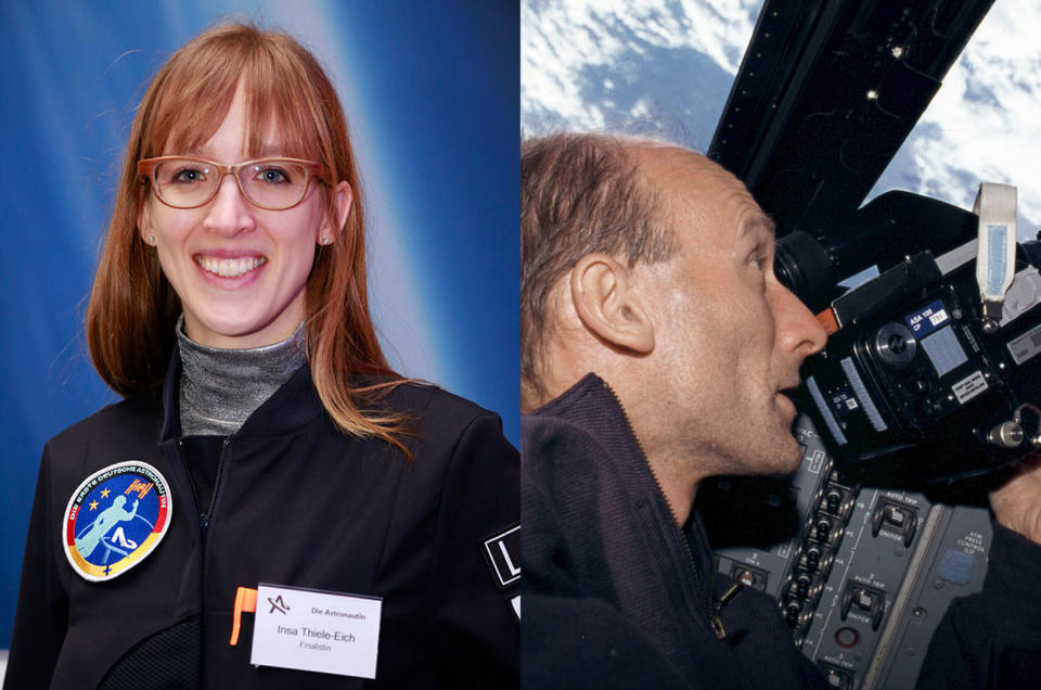 Die Astronautin finalist Insa Thiele-Eich is the daughter of German astronaut Gerhard Thiele, pictured here at right on board the space shuttle Endeavour in 2000. <cite>Die Astronautin/Klampäckel / NASA</cite>