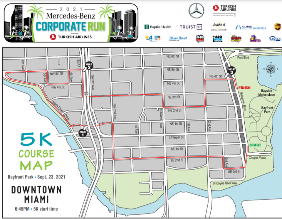 Downtown Miami will see many street closures Thursday as the Mercedes-Benz Corporate Run takes place inside the city, starting at Bayfront Park