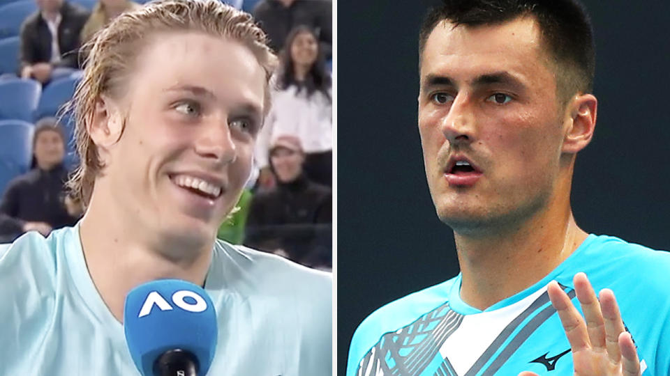 Denis Shapovalov had to awkwardly smile after the Australian Open crowd laughed when he said Bernard Tomic was 'no joke'. Pictures: Australian Open/Getty Images