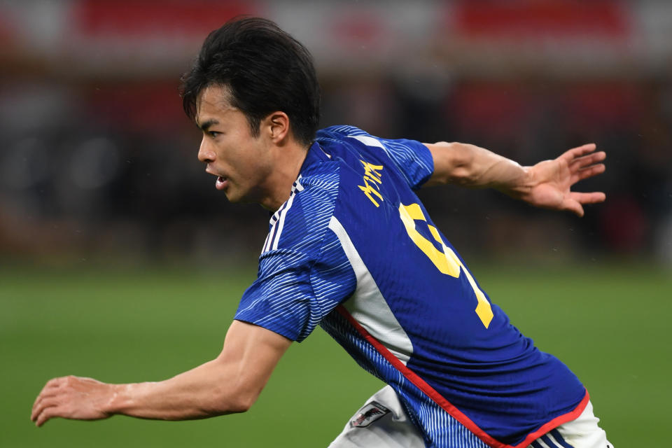 TOKYO, JAPAN - MARCH 24: Kaoru Mitoma of Japan looks during the international friendly match between Japan and Uruguay at the National Stadium on March 24, 2023 in Tokyo, Japan. (Photo by Masashi Hara/Getty Images)