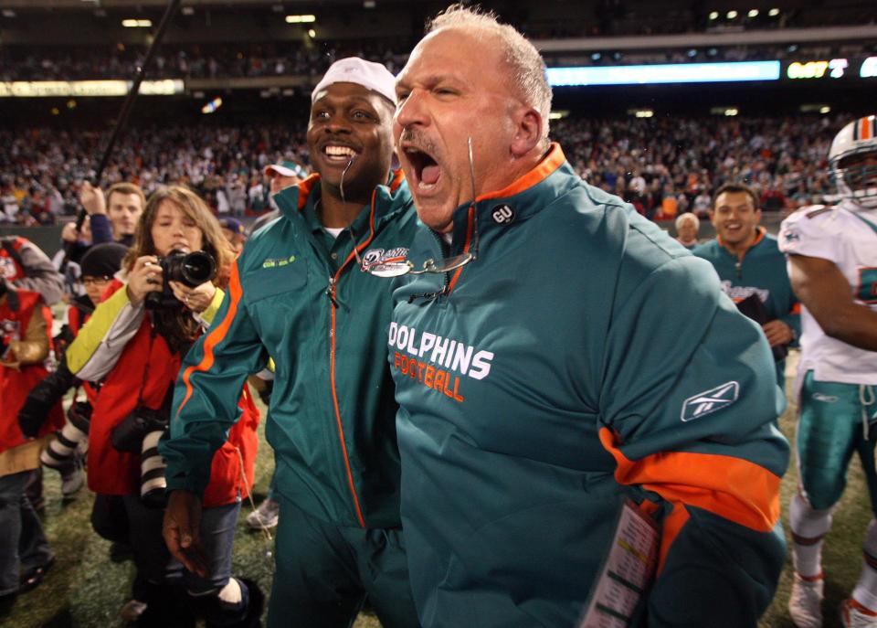 Former Dolphins head coach Tony Sparano celebrates the Dolphins defeating the Jets 24-17 to win the AFC East Title. Miami has a chance to repeat the feat for the first time since 2008.