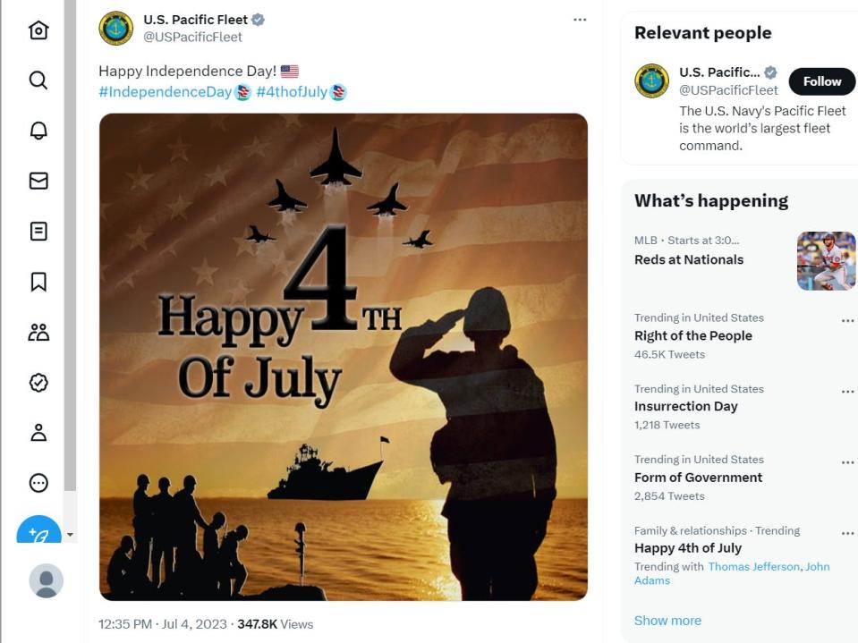 An archived screenshot of the US Pacific Fleet's post, which shows a "Happy 4th Of July" message