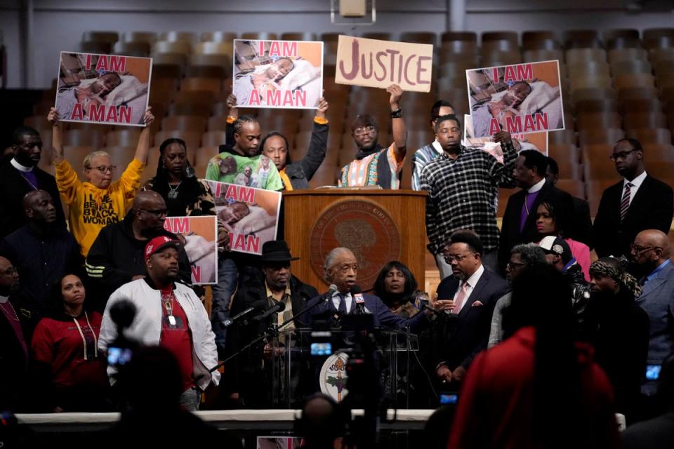 Rev Al Sharpton speaks at a news conference at the historic Mason Temple in Memphis on 31 January. (AP)