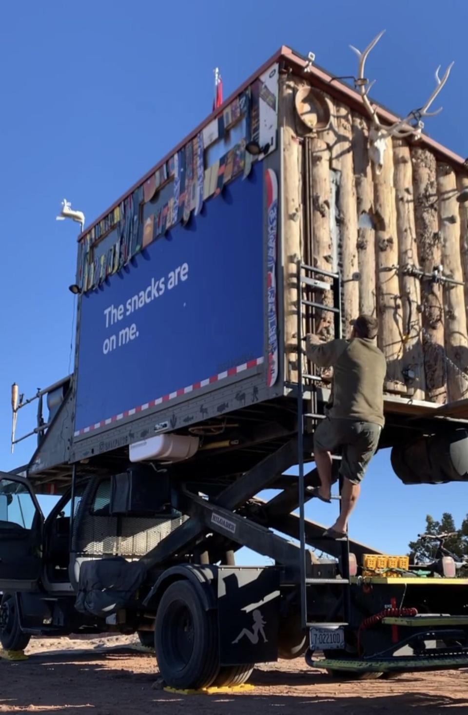 The forklift on the converted aircraft catering truck can go up to a maximum height of 17 feet.