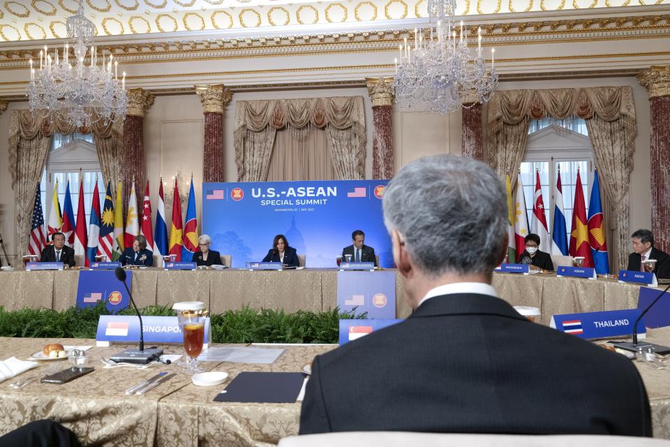 Vice President Kamala Harris, center, speaks while seated next to Deputy Secretary of State Wendy Sherman, center left, and Philip Gordon, National Security Advisor to the Vice President, center right, during the US-ASEAN Summit, Friday, May 13, 2022, at the State Department in Washington. (AP Photo/Jacquelyn Martin)