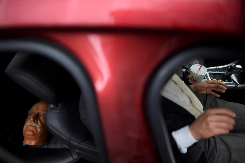 A wax figure of President William Howard Taft is seated in the front seat with its detached head in the back in Gettysburg, Pennsylvania