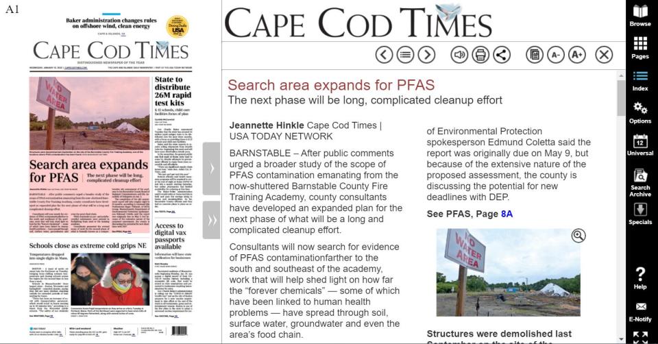 The Cape Cod Times computer/laptop version of the e-Newspaper, which can be accessed at capecodtimes.com. Click on "e-Newspaper" in the navigation bar at the top of any page.