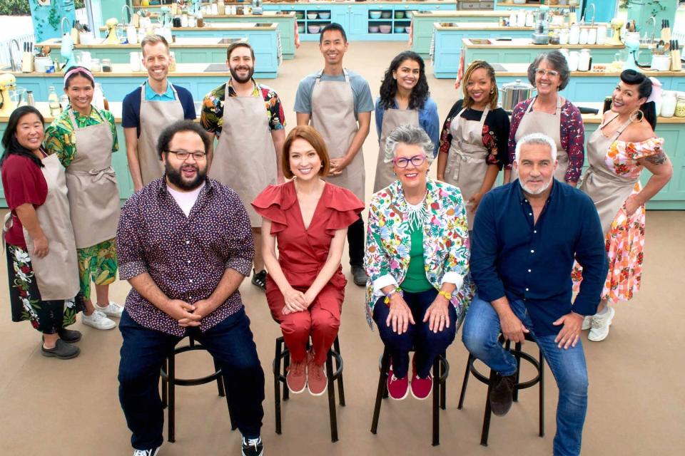 'The Great American Baking Show' hosts (L-R) Zach Cherry, Ellie Kemper, Prue Leith, and Paul Hollywood.