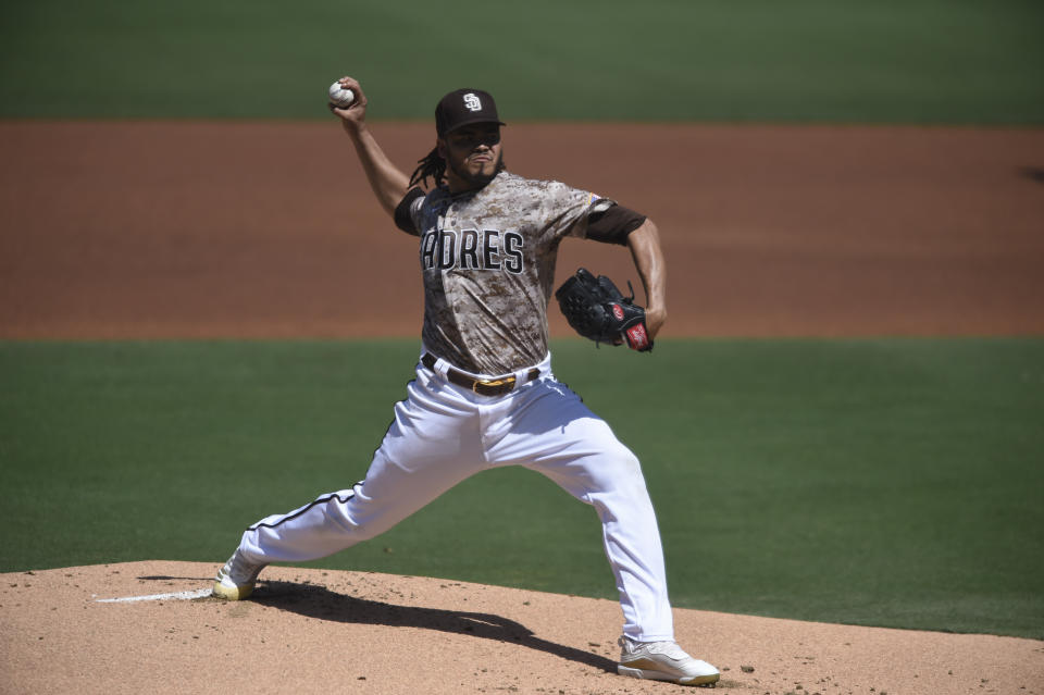 San Diego Padres starting pitcher Dinelson Lamet delivers during the first inning of a baseball game against the Seattle Mariners, Sunday, Sept. 20, 2020, in San Diego. (AP Photo/Denis Poroy)