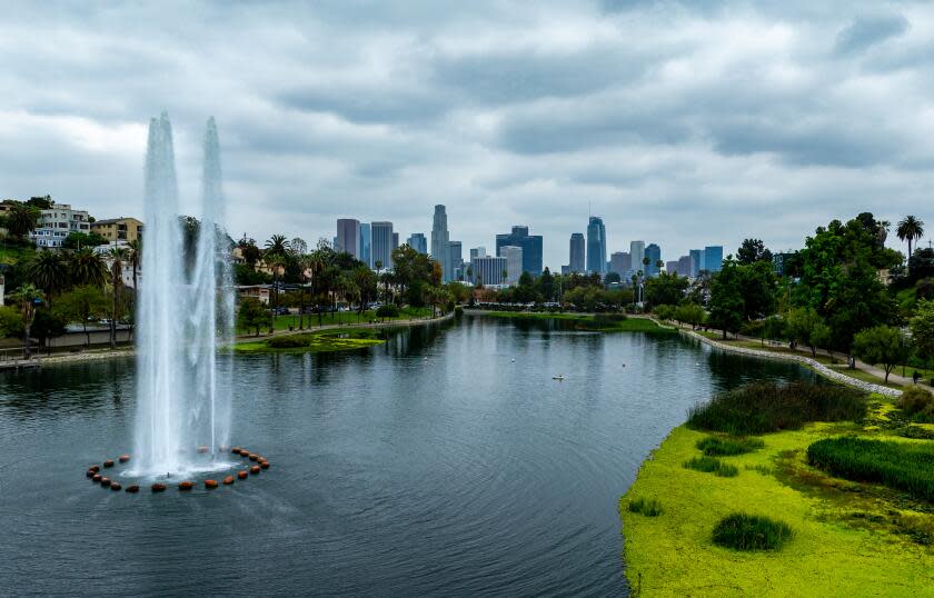 Los Angeles, CA - May 21: May gray skies provide a gloomy background over the Los Angeles basin in a view from Echo Park toward downtown Los Angeles in on Tuesday, May 21, 2024 in Los Angeles, CA. (Brian van der Brug / Los Angeles Times)