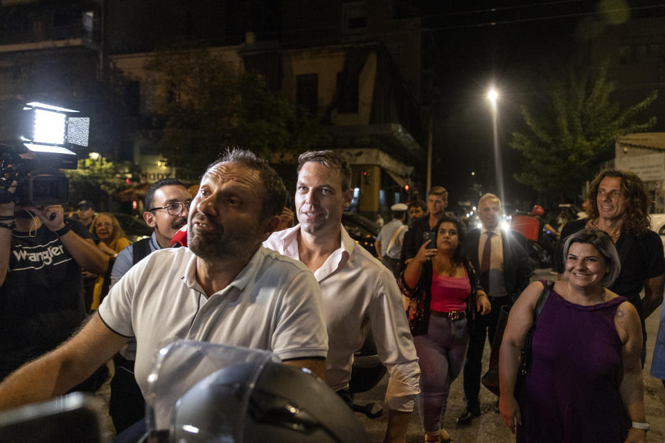 Stefanos Kasselakis, newly elected leader of main opposition party Syriza, arrives at the party's headquarters in Athens, Greece, Monday, Sept. 25, 2023, after a runoff election for the left-wing bloc. (AP Photo/Yorgos Karahalis)